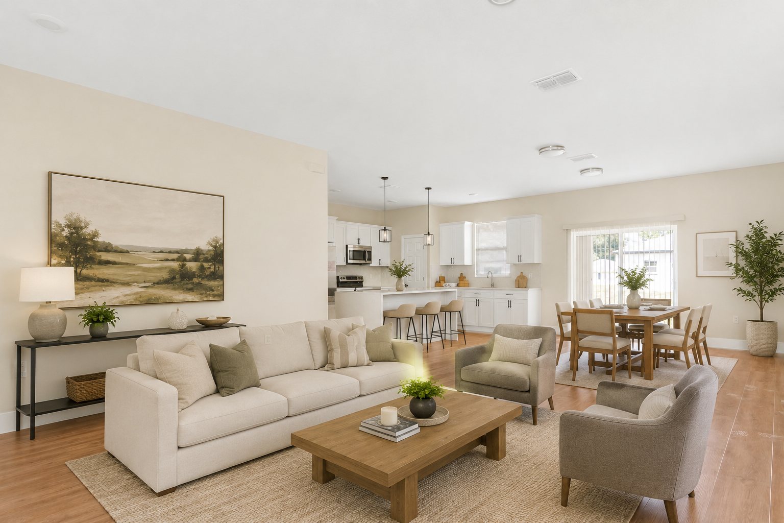 Interior integrado de casa do grupo em Marion Oaks: sala, cozinha e jantar