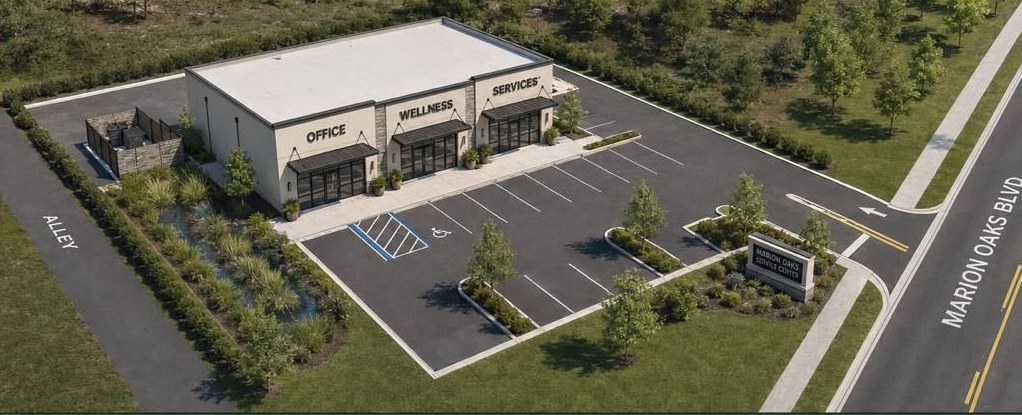 Estudo conceitual de centro de serviços em Marion Oaks — vista aérea (imagem ilustrativa)