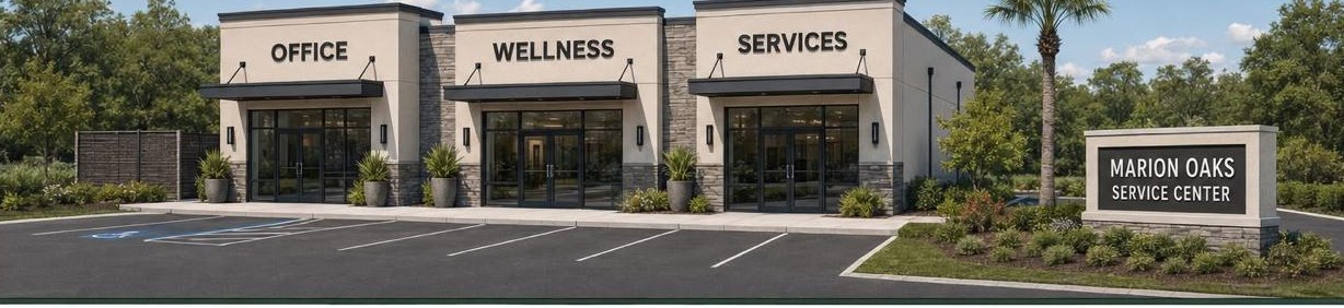 Estudo conceitual de centro de serviços em Marion Oaks — fachada (imagem ilustrativa)